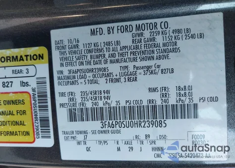 2017 Ford Fusion Energi Platinum z USA, uszkodzony, nr VIN 3FA6P0SU0HR239085